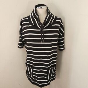 T by Talbots Womens Large Black White Striped Cowl Neck Tunic Short Sleeve Top